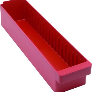 The Quantum Super Tuff Euro Drawer, made in the USA from high-impact polystyrene, features a red rectangular design with tall sides and vertical grooves. Measuring 24L x 5-9/16W x 4-5/8H, it’s ideal for small items or utensils. The angled view showcases its depth and minimalist design.