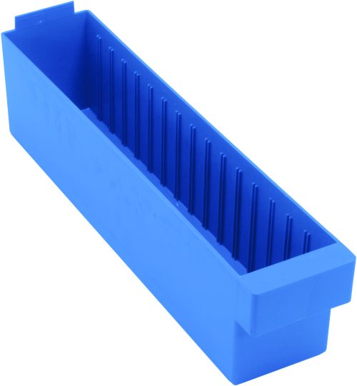 QED604_BL.jpg The Quantum Super Tuff Euro Drawer, made from high-impact polystyrene and measuring 17-5/8L x 3-3/4W x 4-5/8H, is a blue storage bin with vertical dividers and an open-top design, ideal for organizing small items. Made in the USA.