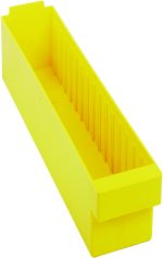 A yellow Quantum Super Tuff Euro Drawer is made from high-impact polystyrene with vertical inner ridges, and measures 17-5/8L x 3-3/4W x 4-5/8H. Made in the USA.