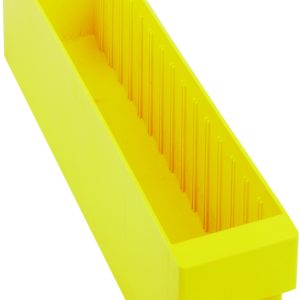 A yellow Quantum Super Tuff Euro Drawer is made from high-impact polystyrene with vertical inner ridges, and measures 17-5/8L x 3-3/4W x 4-5/8H. Made in the USA.