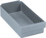 The Quantum Super Tuff Euro Drawer storage bin, made in the USA from high-impact polystyrene, features a flat base and vertically ridged sides. Dimensions: 17-5/8L x 8-3/8W x 4-5/8H. Color: Gray.