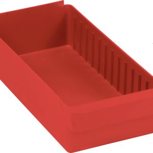 The Quantum Super Tuff Euro Drawer, measuring 17-5/8L x 8-3/8W x 4-5/8H, is a red storage bin made from high-impact polystyrene. It features a rectangular shape with ribbed sides and a slightly raised back section, perfect for organizing small items efficiently. Made in the USA.