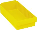 The Quantum Super Tuff Euro Drawer is a yellow rectangular storage bin made of high impact polystyrene, measuring 17-5/8L x 8-3/8W x 4-5/8H, featuring smooth sides and vertical grooves with one end slightly taller for a small lip effect against any white background. Made in the USA.
