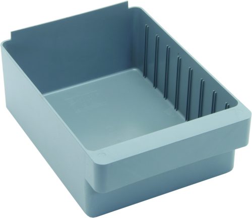 QED701_GY.jpg The Quantum Super Tuff Euro Drawer, measuring 11-7/8L x 8-3/8W x 4-5/8H, is a gray storage bin crafted from high-impact polystyrene. It has a rectangular shape with raised sides, a smooth exterior, and a slightly textured interior featuring evenly spaced ridges. Made in the USA.