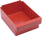 The Quantum Super Tuff Euro Drawer, measuring 11-7/8L x 8-3/8W x 4-5/8H, is a red storage solution crafted from high-impact polystyrene in the USA. Its ribbed inner sides and rectangular design are ideal for organizing small items.