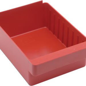 The Quantum Super Tuff Euro Drawer, measuring 11-7/8L x 8-3/8W x 4-5/8H, is a red storage solution crafted from high-impact polystyrene in the USA. Its ribbed inner sides and rectangular design are ideal for organizing small items.