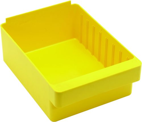 The Quantum Super Tuff Euro Drawer, made in the USA from high-impact polystyrene, is a yellow, rectangular storage bin with dimensions of 11-7/8L x 8-3/8W x 4-5/8H. Its ribbed inside edges and wide open top with a slightly raised back lip make it perfect for organizing or storing small items.