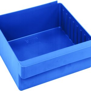 The Quantum Super Tuff Euro Drawer, measuring 11-7/8L x 11-1/8W x 4-5/8H, is a durable and reliable blue plastic storage bin crafted in the USA from high-impact polystyrene. Its rectangular shape with ribbed interior sides and open top makes it ideal for organizing items.