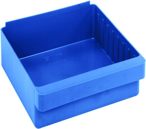 The Quantum Super Tuff Euro Drawer, measuring 11-7/8L x 11-1/8W x 4-5/8H, is a durable and reliable blue plastic storage bin crafted in the USA from high-impact polystyrene. Its rectangular shape with ribbed interior sides and open top makes it ideal for organizing items.