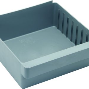 The Quantum Super Tuff Euro Drawer, measuring 11-7/8L x 11-1/8W x 4-5/8H, is a square-shaped, large gray bin made in the USA from high-impact polystyrene, featuring straight sides, integral ridges on the right, and a slightly raised back edge.