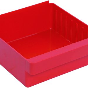 The Quantum Super Tuff Euro Drawer is a red, square storage bin made in the USA from high-impact polystyrene, measuring 11-7/8L x 11-1/8W x 4-5/8H, featuring smooth sides and slightly raised edges.