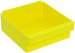 The Quantum Super Tuff Euro Drawer is a yellow, rectangular storage bin crafted from high-impact polystyrene with ribbed sides. Measuring 11-7/8L x 11-1/8W x 4-5/8H, it is stackable and ideal for organizing small items. Its smooth surface reflects light slightly and features a Made in USA label.