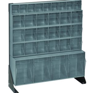 The grey plastic storage organizer includes a Quantum Tip Out Bin Floor Stand Unit with a single-sided design. It features (1) QTB304, (1) QTB309, and (3) QTB603 gray bins in a 10D x 23-5/8W x 28H black-coated finish supported by two black steel supports for stability.