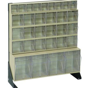 The Quantum Tip Out Bin Floor Stand Unit features sturdy black 14-gauge steel side brackets and transparent drawers in a single-sided design. With dimensions of 10D x 23-5/8W x 28H, it includes (1) QTB304, (1) QTB309, and (3) QTB603 ivory bins for efficient small item organization.