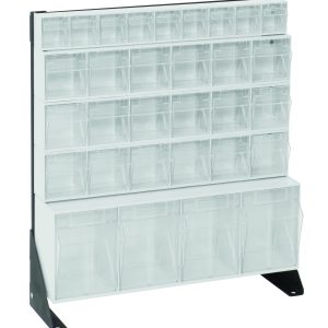 The Quantum Tip Out Bin Floor Stand Unit is single-sided and measures 10D x 23-5/8W x 28H, featuring a transparent plastic organizer with (1) QTB304, (1) QTB309, and (3) QTB603 white bins on a sturdy, black-coated 14-gauge steel stand.