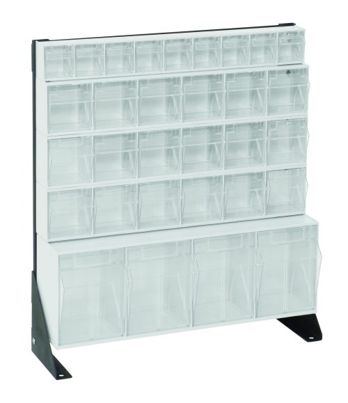 The Quantum Tip Out Bin Floor Stand Unit is single-sided and measures 10D x 23-5/8W x 28H, featuring a transparent plastic organizer with (1) QTB304, (1) QTB309, and (3) QTB603 white bins on a sturdy, black-coated 14-gauge steel stand.