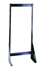 The Quantum Tip Out Bin Floor Stand, crafted from 14-gauge black-coated steel, measures 1D x 23-5/8W x 52H. Its single-sided design with two vertical supports and a bottom brace securely cradles electronic equipment against a plain white background. (Bins not included).