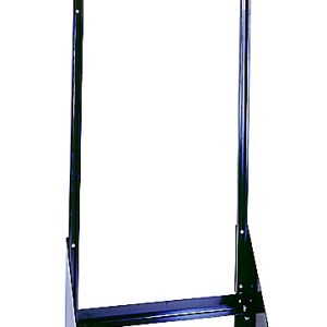 The Quantum Tip Out Bin Floor Stand, crafted from 14-gauge black-coated steel, measures 1D x 23-5/8W x 52H. Its single-sided design with two vertical supports and a bottom brace securely cradles electronic equipment against a plain white background. (Bins not included).