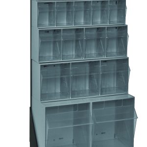 The Quantum Tip Out Bin Floor Stand measures 10D x 23-5/8W x 52H with a black coated finish, includes bins QTB302, QTB303, QTB304, QTB305, QTB306 and two QTB309. The stands sleek design features multiple clear bins in increasing sizes for organizing small items efficiently.
