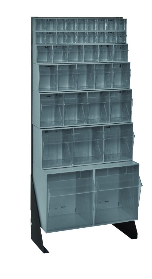 QFS148-38_GY.jpg The Quantum Tip Out Bin Floor Stand measures 10D x 23-5/8W x 52H with a black coated finish, includes bins QTB302, QTB303, QTB304, QTB305, QTB306 and two QTB309. The stands sleek design features multiple clear bins in increasing sizes for organizing small items efficiently.
