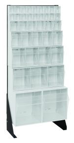 The Quantum Tip Out Bin Floor Stand features a single-sided display with multiple clear bins in varied sizes across five rows. Designed for efficient storage, it includes models (1) QTB302, (1) QTB303, (1) QTB304, (1) QTB305, (1) QTB306, and (2) QTB309 on a white frame with black coated 14-gauge steel supports.