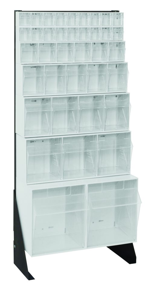 QFS148-38_WT.jpg The Quantum Tip Out Bin Floor Stand features a single-sided display with multiple clear bins in varied sizes across five rows. Designed for efficient storage, it includes models (1) QTB302, (1) QTB303, (1) QTB304, (1) QTB305, (1) QTB306, and (2) QTB309 on a white frame with black coated 14-gauge steel supports.