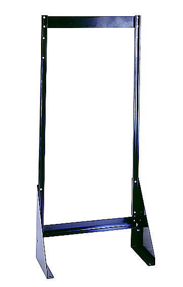 QFS148.jpg The Quantum Tip Out Bin Floor Stand, crafted from 14-gauge black-coated steel, measures 1D x 23-5/8W x 52H. Its single-sided design with two vertical supports and a bottom brace securely cradles electronic equipment against a plain white background. (Bins not included).