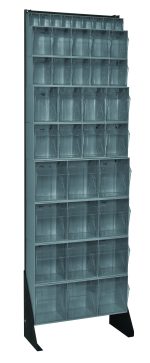 The Quantum Tip Out Bin Floor Stand is a 75 tall, single-sided storage rack with gray bins (4 QTB303, 2 QTB304, 2 QTB305, and 1 QTB306) supported by a black-coated 14-gauge steel frame. Ideal for organizing any space with its sleek design against a clean background.