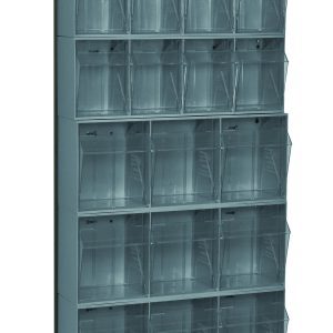 The Quantum Tip Out Bin Floor Stand is a 75 tall, single-sided storage rack with gray bins (4 QTB303, 2 QTB304, 2 QTB305, and 1 QTB306) supported by a black-coated 14-gauge steel frame. Ideal for organizing any space with its sleek design against a clean background.
