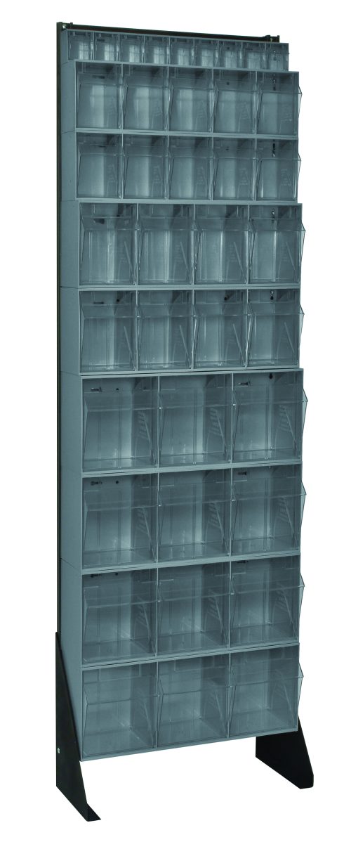 The Quantum Tip Out Bin Floor Stand is a 75 tall, single-sided storage rack with gray bins (4 QTB303, 2 QTB304, 2 QTB305, and 1 QTB306) supported by a black-coated 14-gauge steel frame. Ideal for organizing any space with its sleek design against a clean background.