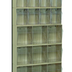 The Quantum Tip Out Bin Floor Stand is a single-sided storage rack measuring 10D x 23-5/8W x 75H, made from a sturdy metal frame with a black coated finish. It includes (4) QTB303, (2) QTB304, (2) QTB305, and (1) QTB306 ivory bins in a tiered pattern.