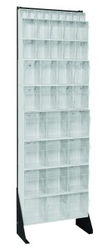 The Quantum Tip Out Bin Floor Stand is a tall, single-sided storage rack measuring 10D x 23-5/8W x 75H. It includes multiple open-front transparent bins for organizing small items, featuring (4) QTB303 bins among others, with a sturdy black-coated 14-gauge steel finish.