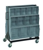 The Quantum Tip Out Bin Floor Stand is a double-sided, mobile storage solution with 20-1/4D x 23-5/8W x 31H dimensions. It features a black-coated, 14-gauge steel frame and includes two QTB303, two QTB304, and two QTB305 gray bins plus a caster kit for easy mobility.