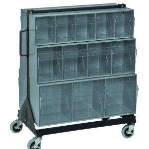 The Quantum Tip Out Bin Floor Stand is a double-sided, mobile storage solution with 20-1/4D x 23-5/8W x 31H dimensions. It features a black-coated, 14-gauge steel frame and includes two QTB303, two QTB304, and two QTB305 gray bins plus a caster kit for easy mobility.