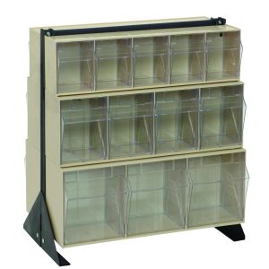 The Quantum Tip Out Bin Floor Stand is double-sided with a 14-gauge black steel frame, measuring 20-1/4D x 23-5/8W x 28H. It includes two QTB303, two QTB304, and two QTB305 ivory bins for efficient small item organization.