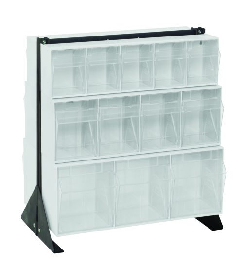 The Quantum Tip Out Bin Floor Stand features three shelves with transparent plastic bins, including (2) QTB303 white bins open at the front. It also comes with (2) QTB304 and (2) QTB305 bins. The black coated 14 gauge steel side supports enhance style and durability. Dimensions: 20-1/4D x 23-5/8W x 28H.