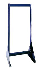 The Quantum Tip Out Bin Floor Stand is a double-sided, black-coated 14 gauge steel frame with bolt holes for mounting, designed for electronic or networking equipment. Dimensions are 1D x 23-5/8W x 52H. Note: Bins not included.