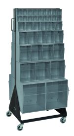The Quantum Tip Out Bin Floor Stand is mobile, double-sided, and measures 20-1/4D x 23-5/8W x 55H. It features a black-coated 14-gauge steel frame with wheels and includes various gray bins for easy organization, offering a load capacity of 500 lbs.