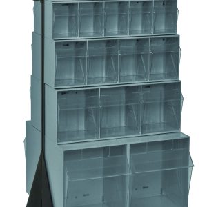 The Quantum Tip Out Bin Floor Stand is mobile, double-sided, and measures 20-1/4D x 23-5/8W x 55H. It features a black-coated 14-gauge steel frame with wheels and includes various gray bins for easy organization, offering a load capacity of 500 lbs.