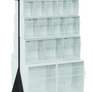 The Quantum Tip Out Bin Floor Stand is a double-sided, mobile unit measuring 20-1/4D x 23-5/8W x 55H. It includes varying sizes of white plastic bins (Qtb302 to Qtb309) arranged from small to large, has a robust 500 lbs load capacity, features a caster kit for easy maneuvering, and boasts a black-coated 14-gauge steel finish.