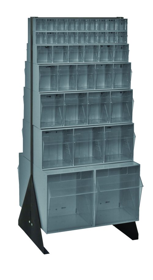 QFS248-76_GY.jpg The Quantum Tip Out Bin Floor Stand offers convenient storage with its double-sided design and multi-tiered structure. It features a sturdy 14-gauge steel frame, measuring 20-1/4D x 23-5/8W x 52H, with (2) QTB303 clear bins for easy access and visibility of small items.