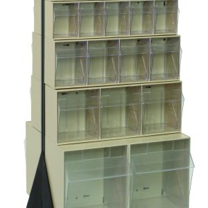 The Quantum Tip Out Bin Floor Stand features a beige shelving unit with a black-coated 14-gauge steel structure, multiple clear ivory bins in sizes QTB302, QTB303, QTB304, QTB305, QTB306, and QTB309, stacked on rows for efficient storage and organization. Dimensions: 20-1/4D x 23-5/8W x 52H.