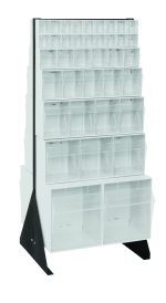 The Quantum Tip Out Bin Floor Stand is a double-sided unit, measuring 20-1/4D x 23-5/8W x 52H. It features a black-coated frame with white bins, including two each of QTB302-QTB306 and four QTB309 sizes for varying storage needs. Made from 14-gauge steel for durability.