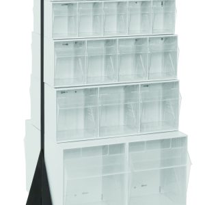 The Quantum Tip Out Bin Floor Stand is a double-sided unit, measuring 20-1/4D x 23-5/8W x 52H. It features a black-coated frame with white bins, including two each of QTB302-QTB306 and four QTB309 sizes for varying storage needs. Made from 14-gauge steel for durability.