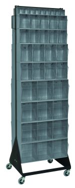The Quantum Tip Out Bin Floor Stand offers a mobile, double-sided storage solution with (8) QTB303 bins and others, stacked in rows. This black-coated, 14-gauge steel structure has a 500 lbs. load capacity and four caster wheels for easy maneuverability—20-1/4D x 23-5/8W x 78H.