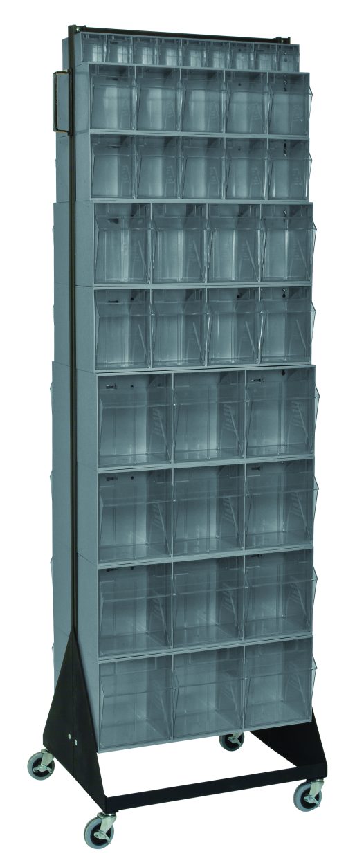 The Quantum Tip Out Bin Floor Stand offers a mobile, double-sided storage solution with (8) QTB303 bins and others, stacked in rows. This black-coated, 14-gauge steel structure has a 500 lbs. load capacity and four caster wheels for easy maneuverability—20-1/4D x 23-5/8W x 78H.
