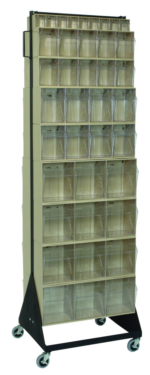 The Quantum Tip Out Bin Floor Stand is a double-sided, mobile organizer with dimensions of 20-1/4D x 23-5/8W x 78H. It features (8) QTB303, (4) QTB304, (4) QTB305, and (2) QTB306 ivory bins in a black-coated 14-gauge steel frame, supporting up to 500 lbs.
