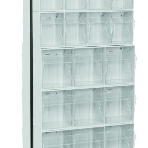 A tall, double-sided Quantum Tip Out Bin Floor Stand with a black coated steel frame, featuring grid-arranged transparent bins: eight QTB303 and others. Its mobile on four wheels for easy movement. Measures 20-1/4D x 23-5/8W x 78H and supports up to 500 lbs.