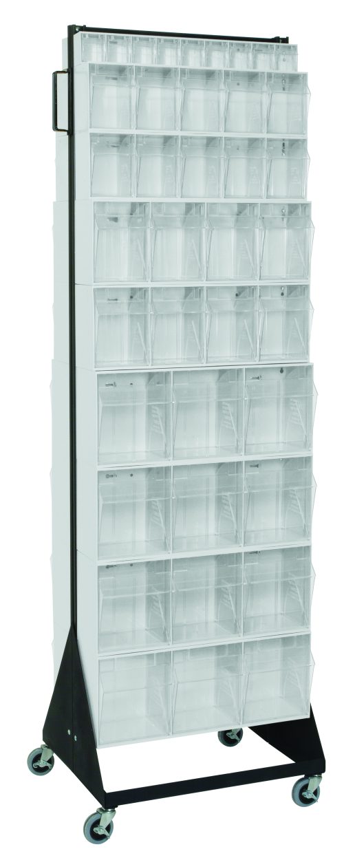 A tall, double-sided Quantum Tip Out Bin Floor Stand with a black coated steel frame, featuring grid-arranged transparent bins: eight QTB303 and others. Its mobile on four wheels for easy movement. Measures 20-1/4D x 23-5/8W x 78H and supports up to 500 lbs.