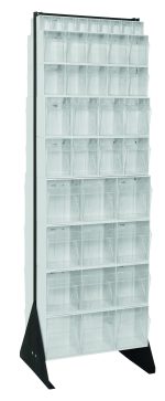 The Quantum Tip Out Bin Floor Stand is a tall, double-sided organizer measuring 20-1/4D x 23-5/8W x 75H. It includes (4) QTB304 models and (2) QTB306 white bins, featuring rows of transparent compartments within a black-coated steel frame for easy access and visibility.